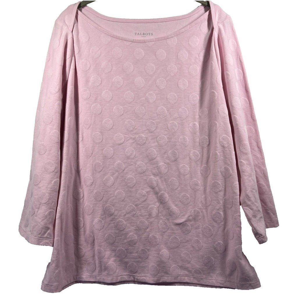 Talbots Women's Top Solid Pink Polka Dot Boat Neck 3/4 Sleeve Pullover Stretch